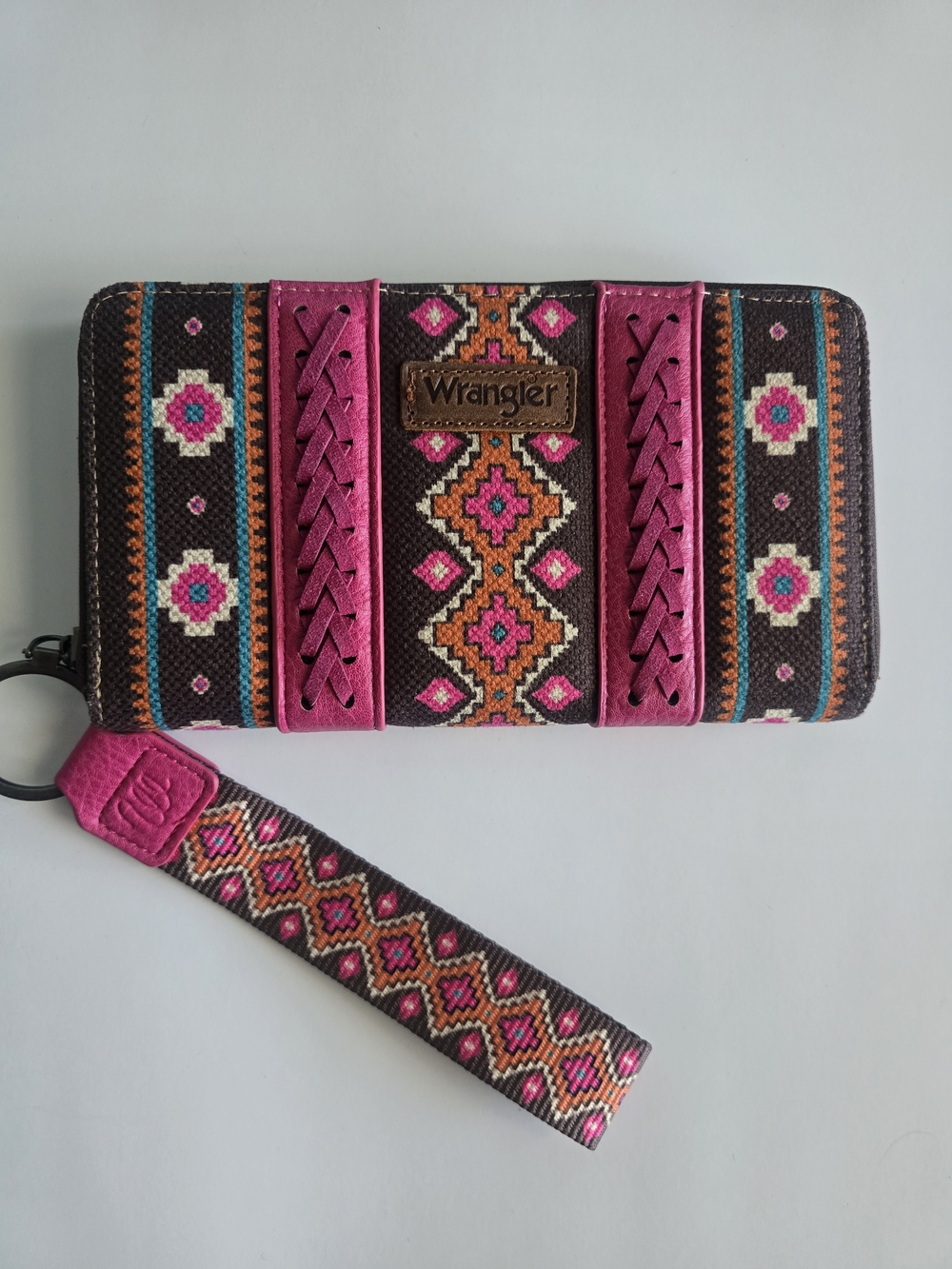 Wrangler Women's Pink & Brown Embroidered Wristlet Wallet